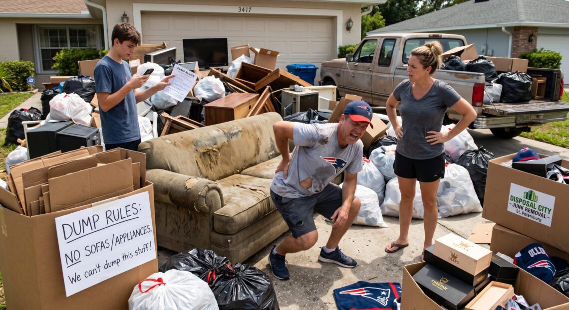 People standing around a pile of junk outside the front of the yard