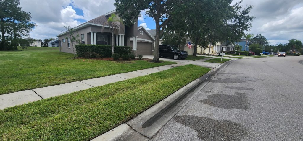 A serene suburban street in Pinellas Park, with a well-manicured lawn in front of a single-story house under a cloudy sky, with a car parked in the driveway, and a wet patch