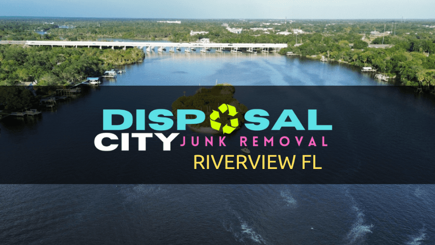 Aerial view of a serene river flanked by lush greenery with a logo overlay for "Riverview junk removal, Riverview FL".