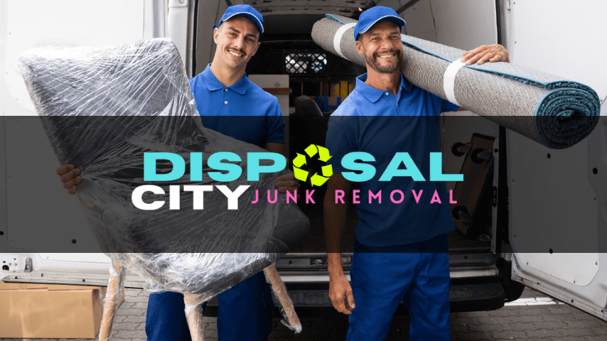 Two smiling movers unloading furniture and a rolled carpet from a van, representing a professional junk removal service.