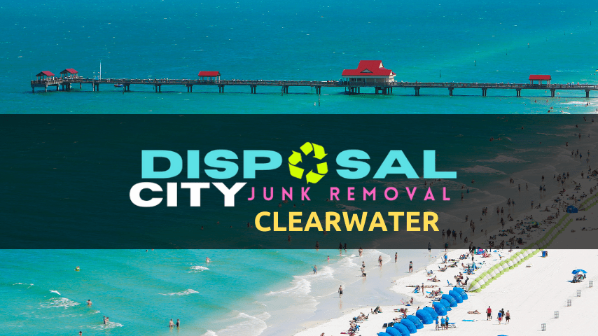 A promotional image for Clearwater Junk Removal Service, featuring a vivid view of the Clearwater beach with its iconic pier and beachgoers enjoying the sun, highlighting the local services against a backdrop of the