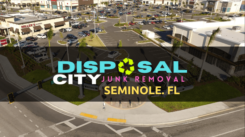 A bustling shopping plaza on a sunny day with the overlay text "disposal city junk removal seminole, fl" indicating a company that offers junk removal services in seminole, florida.