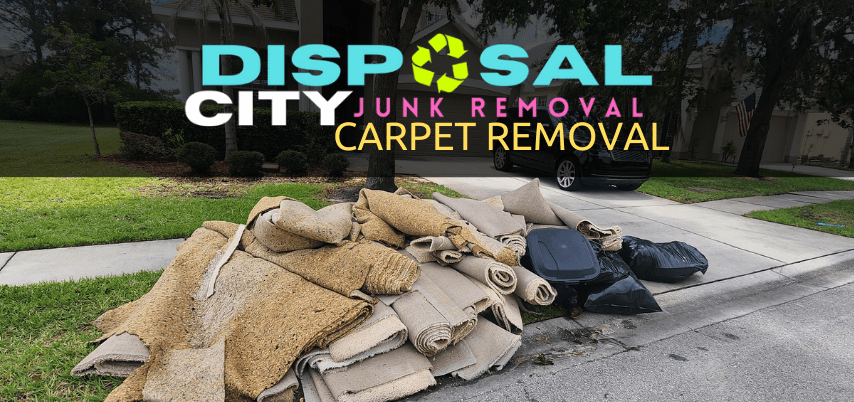 Carpet removal disposal City junk removal Old carpets and trash bags piled on a suburban curb awaiting removal by a junk removal service.