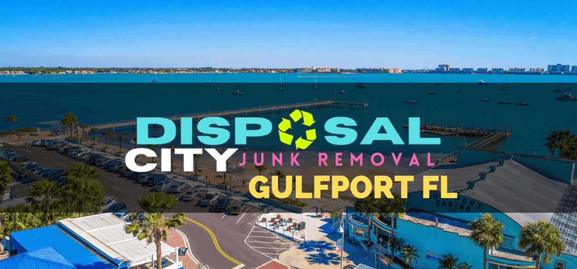 Aerial view of gulfport, florida coastline with marina and a promotional overlay for 