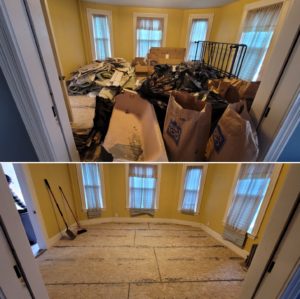Before and after renovation: the top image shows a cluttered room filled with debris, old furniture, and bags of waste. the bottom image reveals the same room cleared out, with walls freshly painted in a light shade, and the floor prepared for new covering, featuring a clean and organized space ready for transformation.