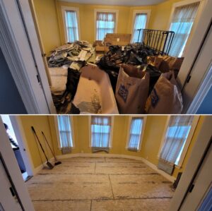 Before and after renovation: the top image shows a cluttered room filled with debris, old furniture, and bags of waste. the bottom image reveals the same room cleared out, with walls freshly painted in a light shade, and the floor prepared for new covering, featuring a clean and organized space ready for transformation.