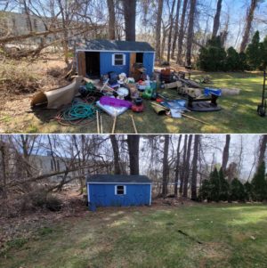 Before and after images of a backyard cleanup: the top photo shows a cluttered yard with various items strewn around a shed, including toys, containers, and equipment. the bottom photo displays the same yard neat and tidy, with all the items removed, revealing a clear lawn and the standalone shed.