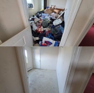 Before and after cleanup of a cluttered room. the top image shows a room filled with various items and debris, while the bottom image shows the same room tidy and cleared.