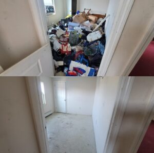 Before and after cleanup of a cluttered room. the top image shows a room filled with various items and debris, while the bottom image shows the same room tidy and cleared.