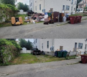 A before and after scene of a property cleanup, showing a cluttered space filled with discarded furniture and trash in the top image, transformed into a clear and tidy area with only a parked car in the bottom image.