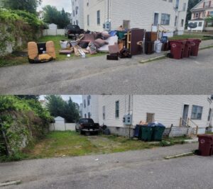 A before and after scene of a property cleanup, showing a cluttered space filled with discarded furniture and trash in the top image, transformed into a clear and tidy area with only a parked car in the bottom image.